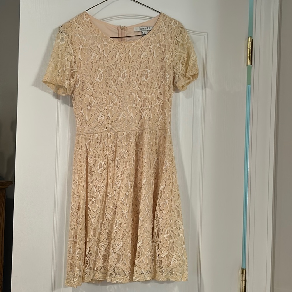Forever 21 tan lace fit and flare dress